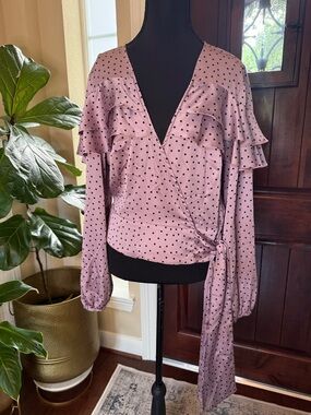 Gianni Bini Polka Dot Ruffle Wrap Blouse Size L